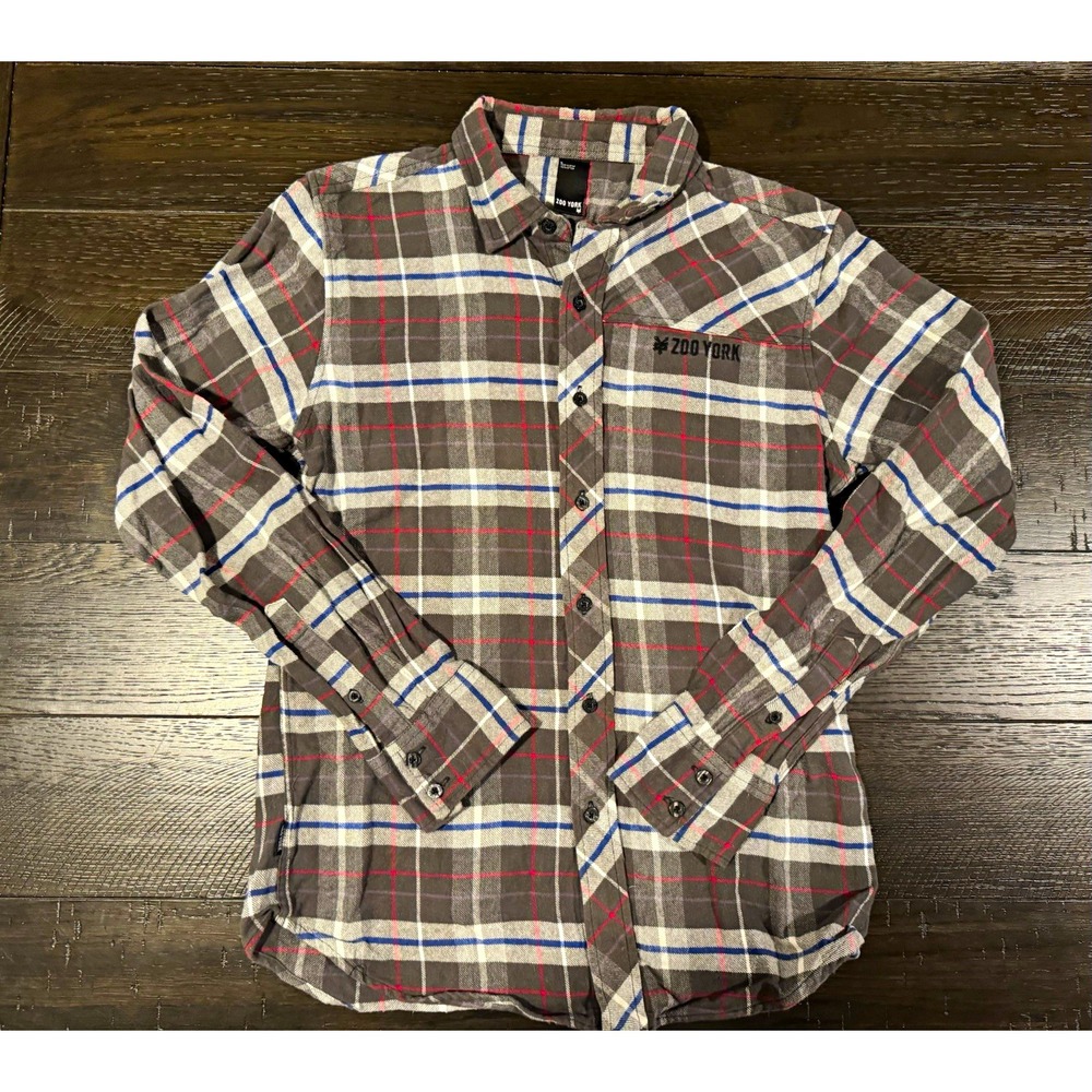 Zoo York Mens L Cotton Plaid Flannel Shirt Gray Long Sleeve Button-Up Pockets